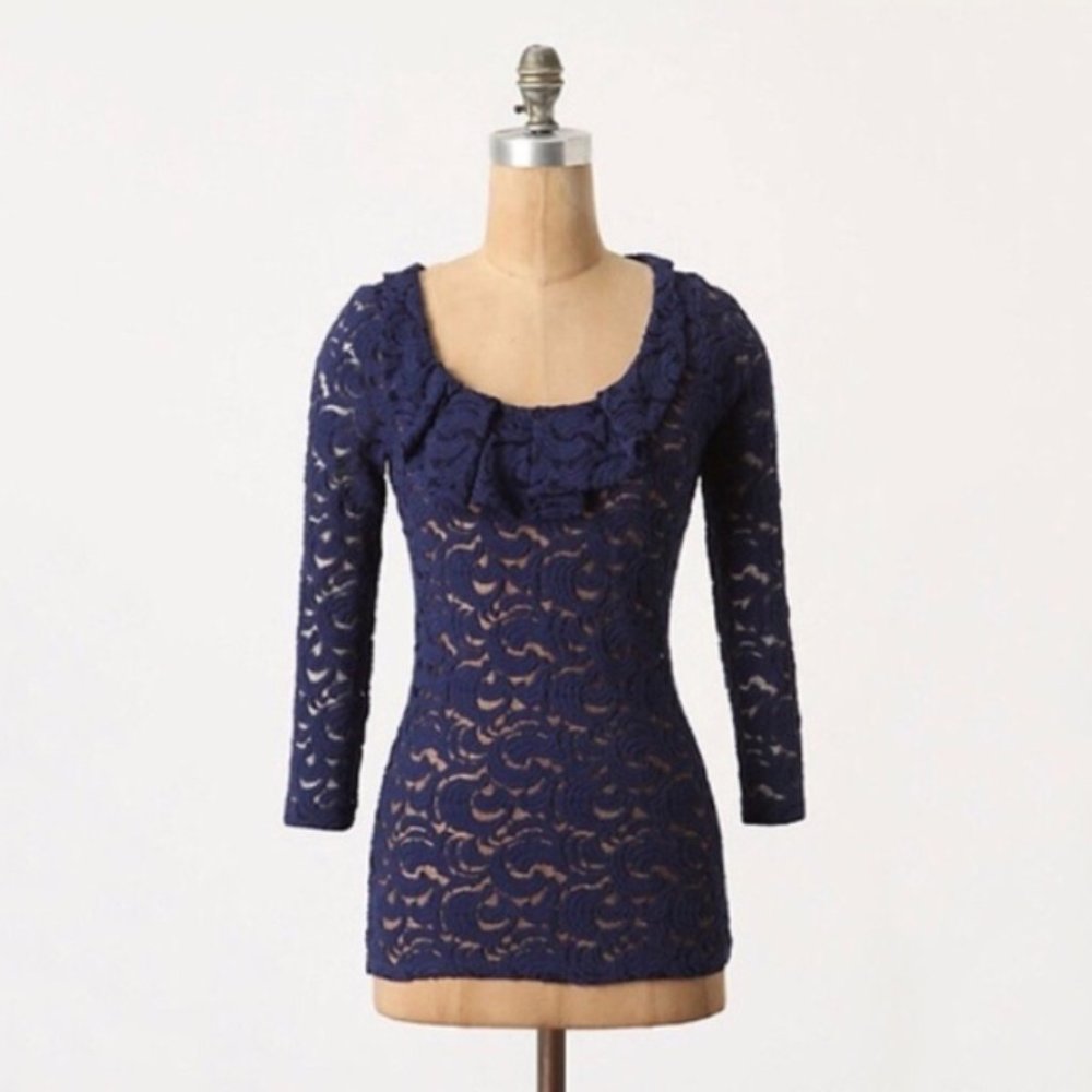 Anthropologie Postmark Sessile Harvest blue sheer lace top XS